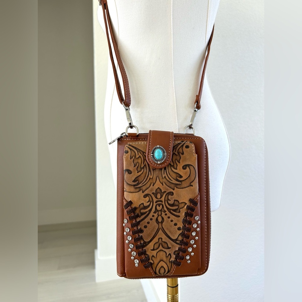 American Bling Western Tan Tooled Faux Leather Crossbody Phone Wallet